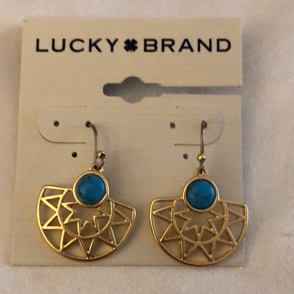 Lucky Brand Gold Tone Sun Ray Drop Earrings Turquoise Accent NWT